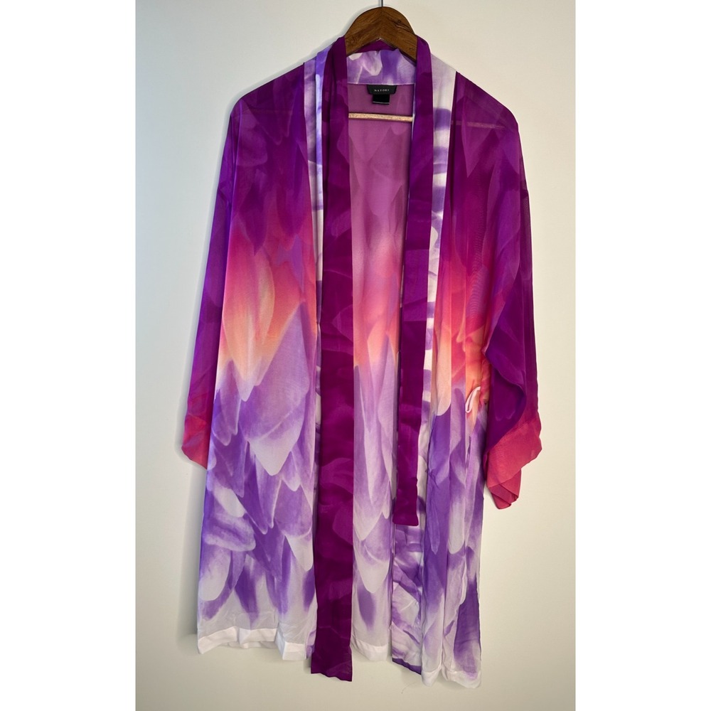 Natori Floral Watercolor Sheer Chiffon Kimono Robe Purple Tie Pockets Medium - Picture 2 of 11